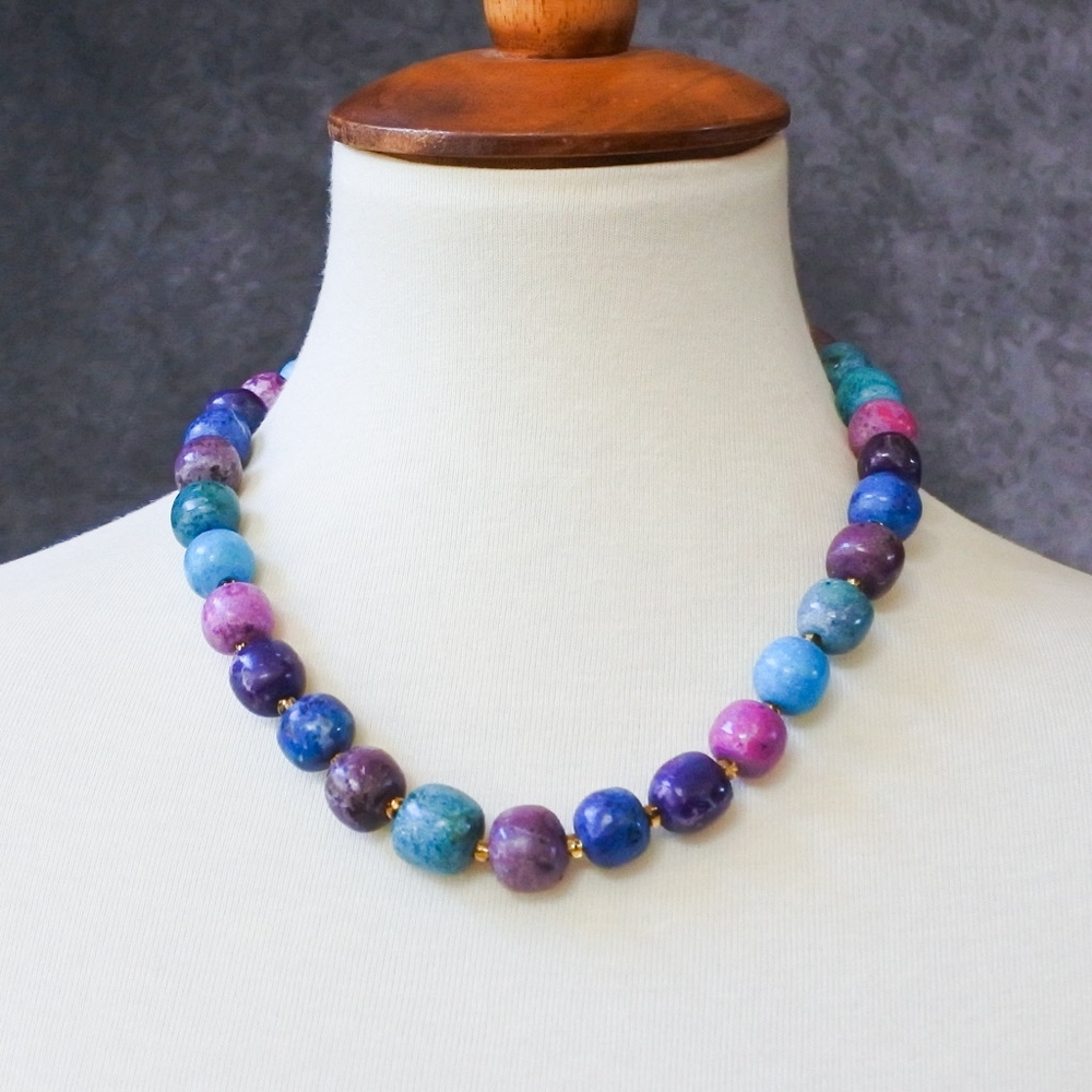 Colorful Blue Purple & Pink Agate Round Beaded Necklace